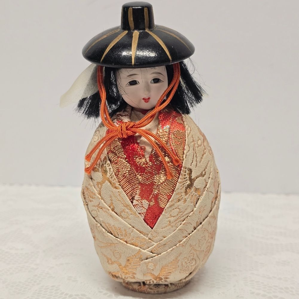 Vintage Japanese Hime Daruma Doll In Kimono Oriental Art Deco Folk Art Figurine